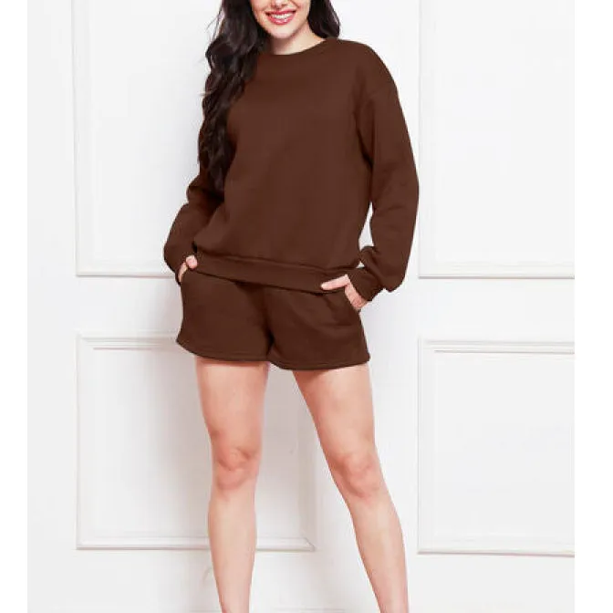 Round Neck Long Sleeve Sweatshirt and Drawstring Shorts Set