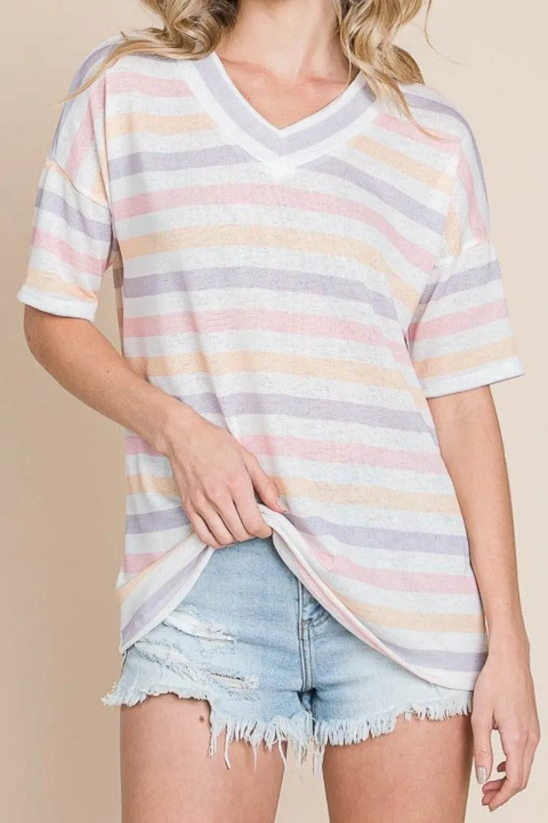 Striped V Neck Short Sleeve T-Shirt