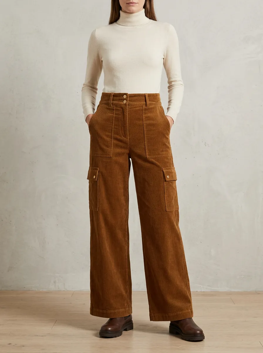Women's Casual Fashion Brown Wide Leg Cargo Corduroy Pants