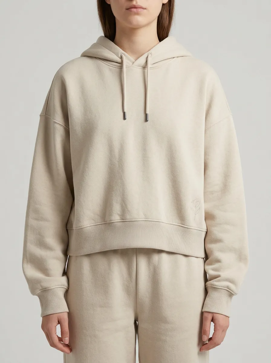Women's Minimalist Floral Embroidered Beige Cropped Hoodie