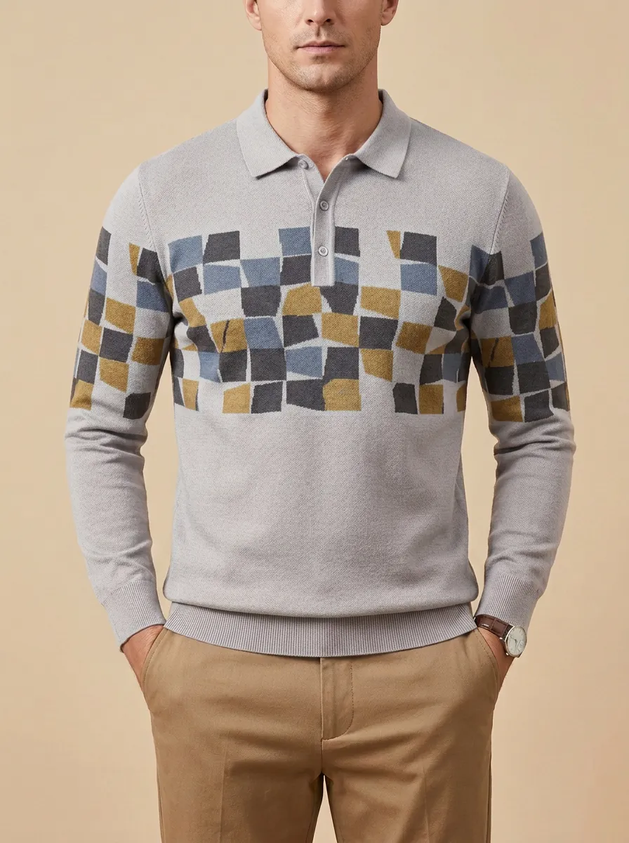 Men's Geometric Checkered Pattern Printed Long Sleeve Polo Shirt