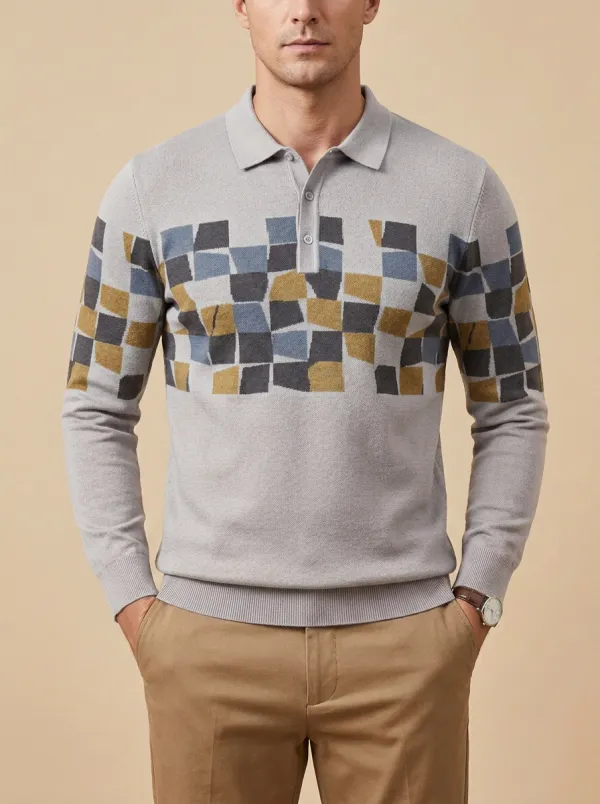 Men's Geometric Checkered Pattern Printed Long Sleeve Polo Shirt