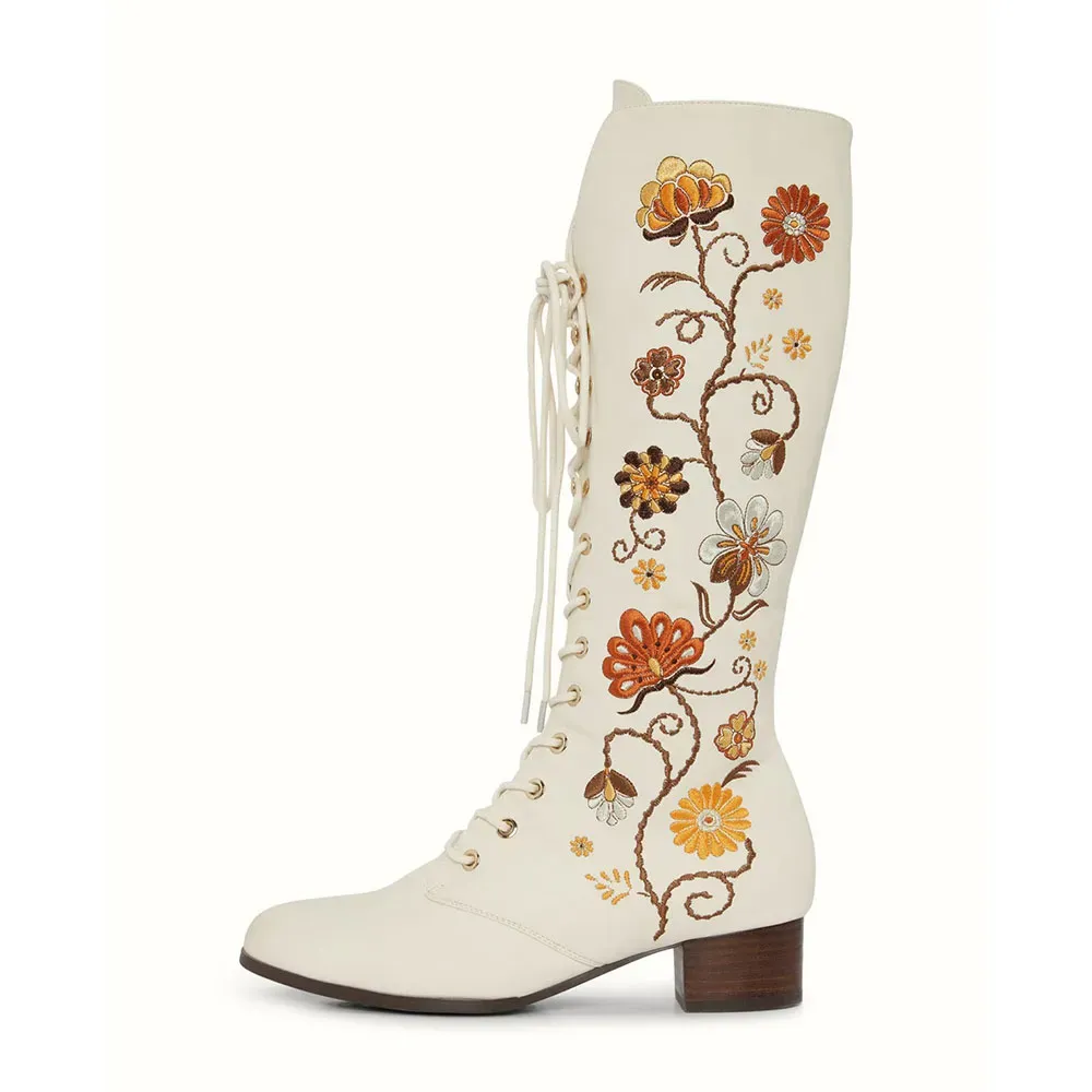 Faux-Leather Embroidered Lace-Up Floral Mid-Calf Boots