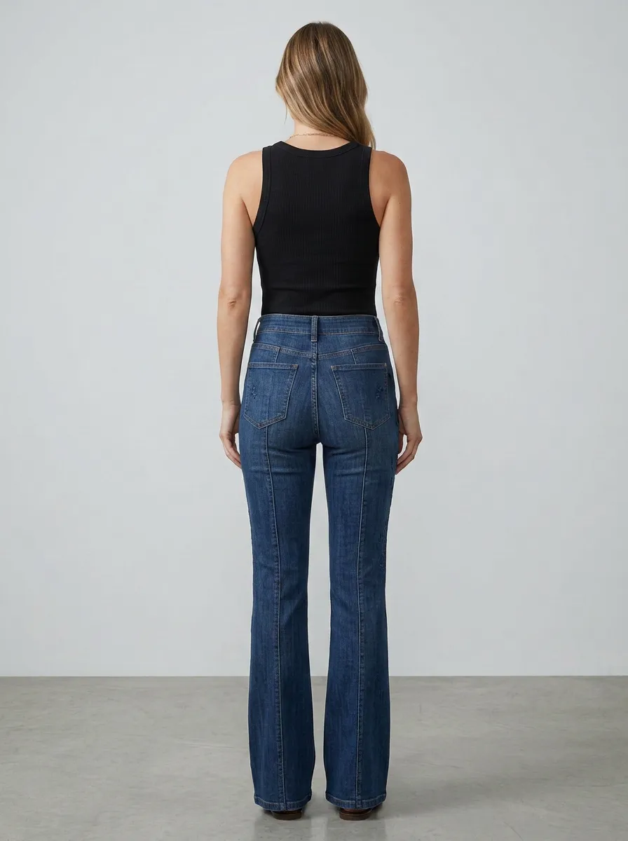 Women's Vintage Inspired Floral Embroidered Stitch Detail High Rise Flare Jeans