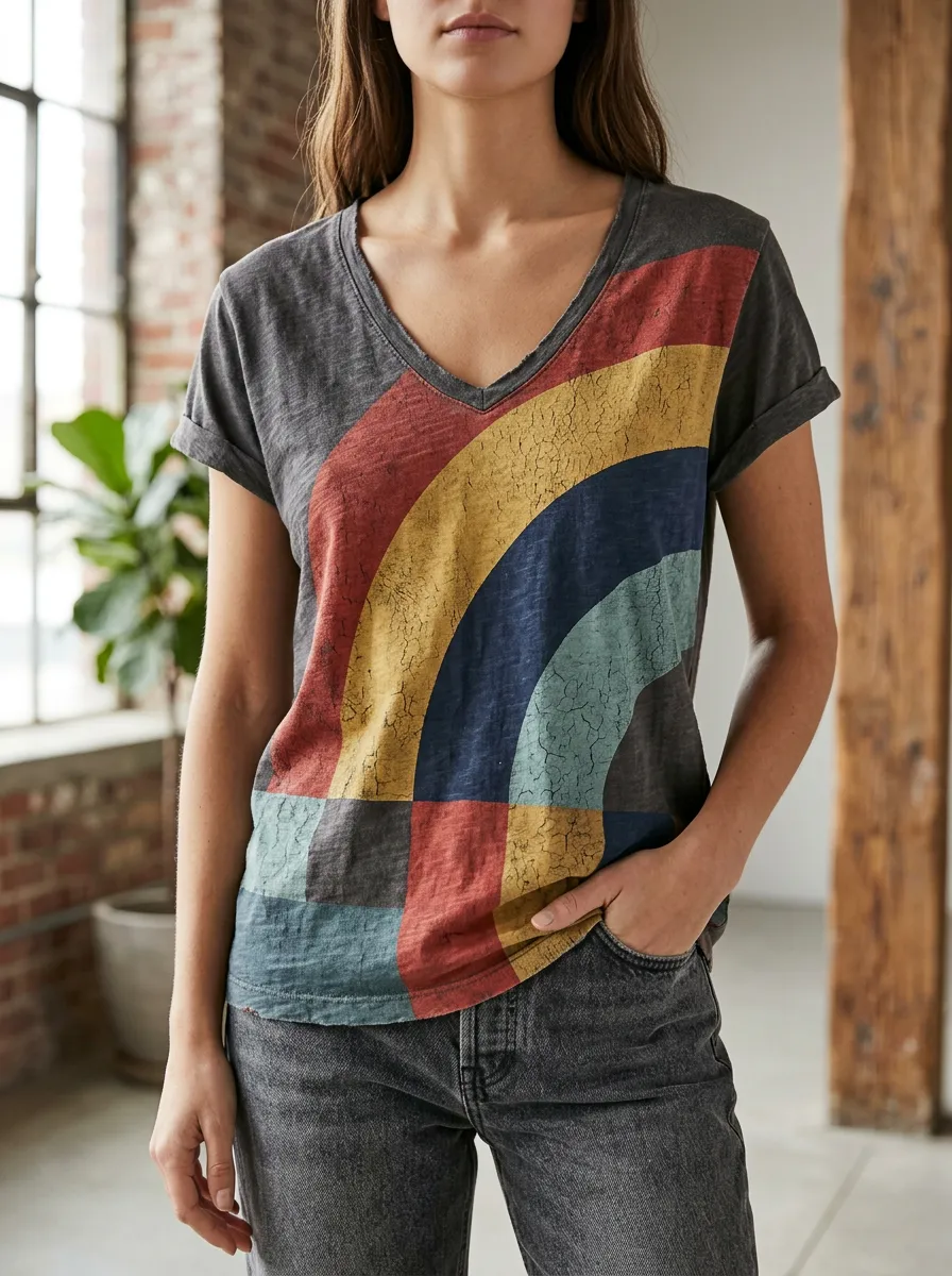 Women's Vintage Art Retro Rainbow Geometric V-Neck T-Shirt
