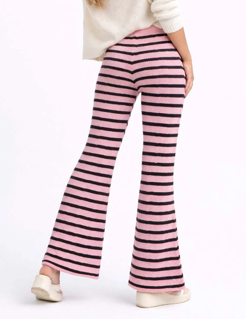 Striped Knit Flared Leg Elastic Waist Pants