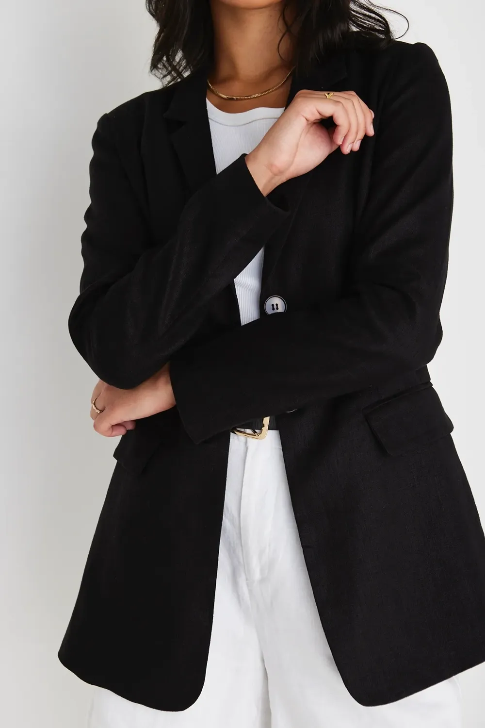 Black Linen Single Breasted Longline Blazer