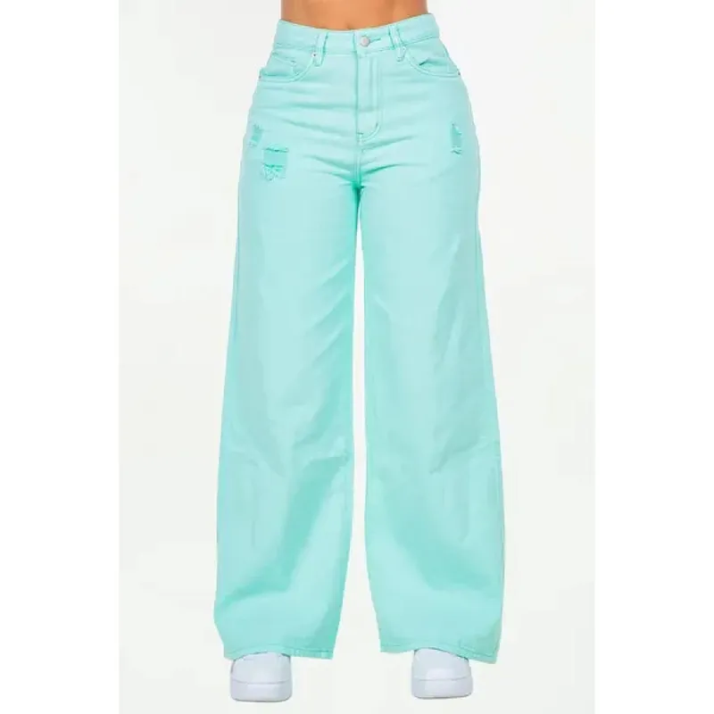 High-Waist Distressed Wide Leg Jeans