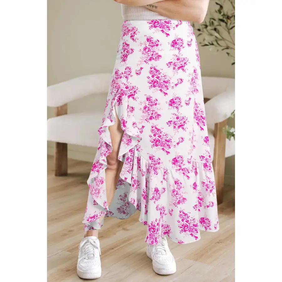 Boho Floral High Waist Ruffle Split Maxi Skirt