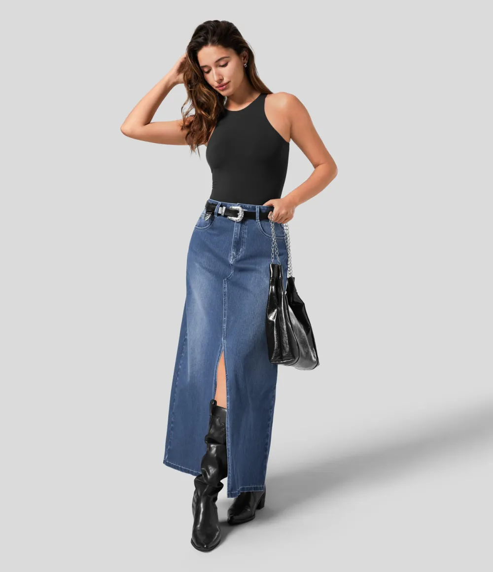 Magic Mid Rise Button Zipper Multiple Pockets Split A Line Stretchy Knit Denim Maxi Casual Skirt