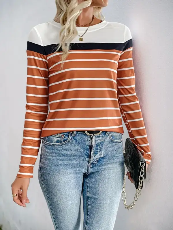 Contrast Striped Round Neck Long Sleeve T-Shirt