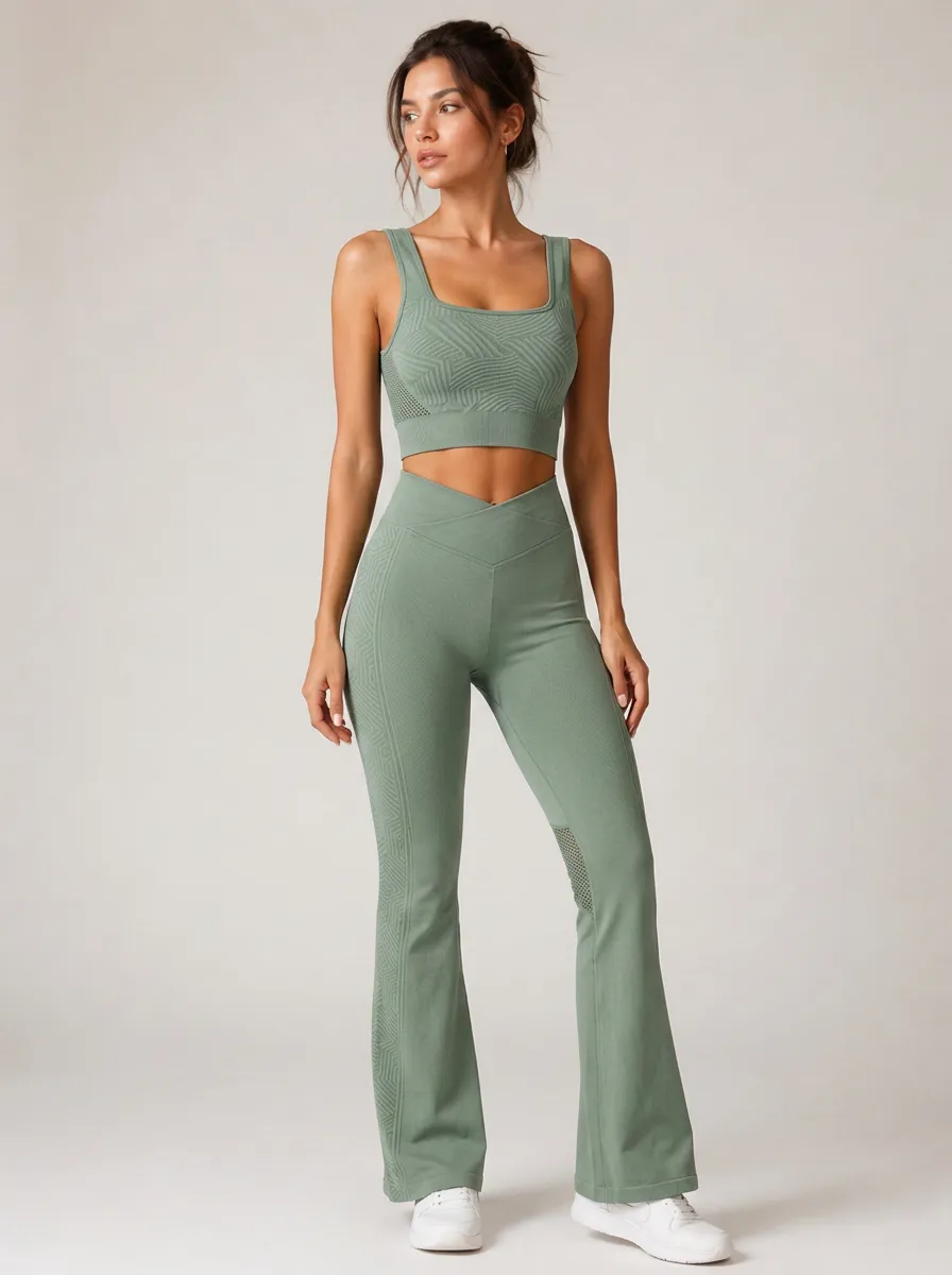 Women's Yoga Fitness Sage Green Textured Printed Workout Set