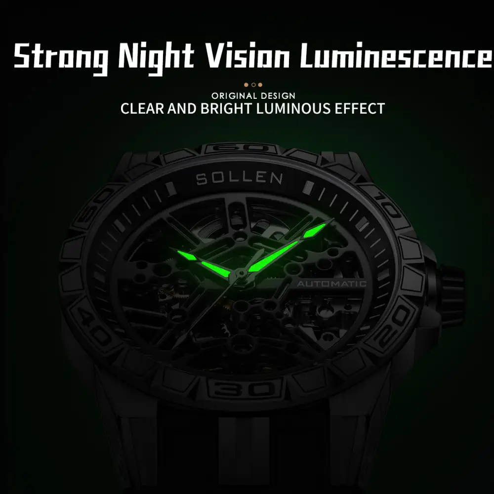 Sollen SL326 Men's Skeleton Automatic Mechanical Watch - 43mm 316L Stainless Steel Case Sapphire Crystal Multi-Layer Dial Leather-Pattern Silicone Strap Wristwatch
