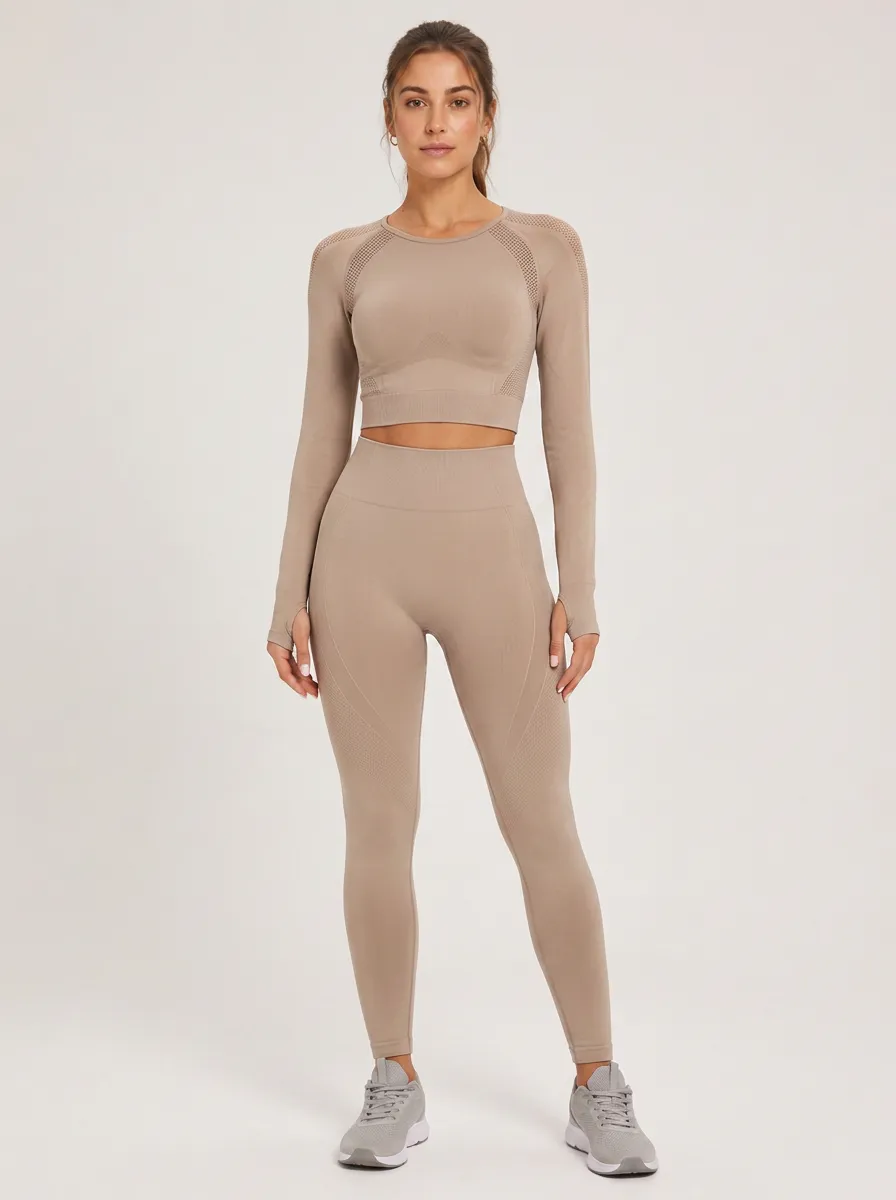 Women's Seamless Beige Gym Workout Printed Yoga Set