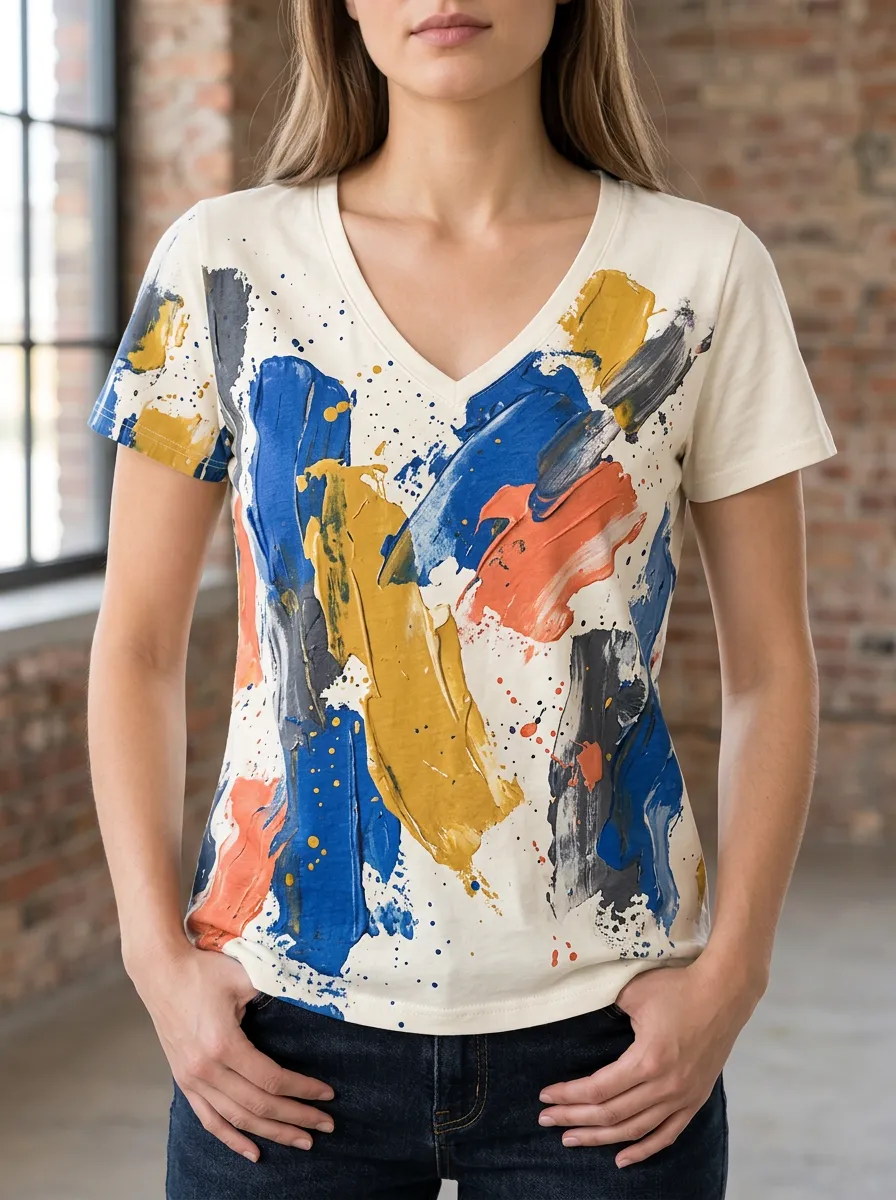 Women's Layered Abstract Art Paint Splatter V-Neck T-Shirt