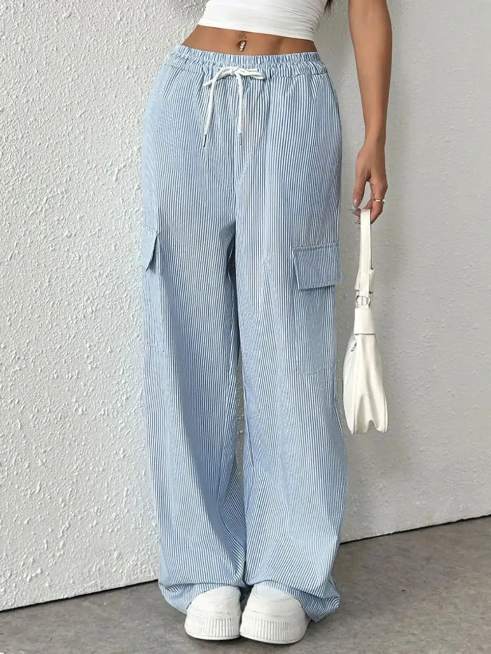 Wide Leg Drawstring Striped Pocketed Cargo Pants