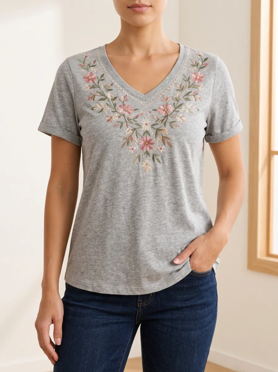 Comfort Focused V Neck Floral Print Women's Short Sleeve Tee