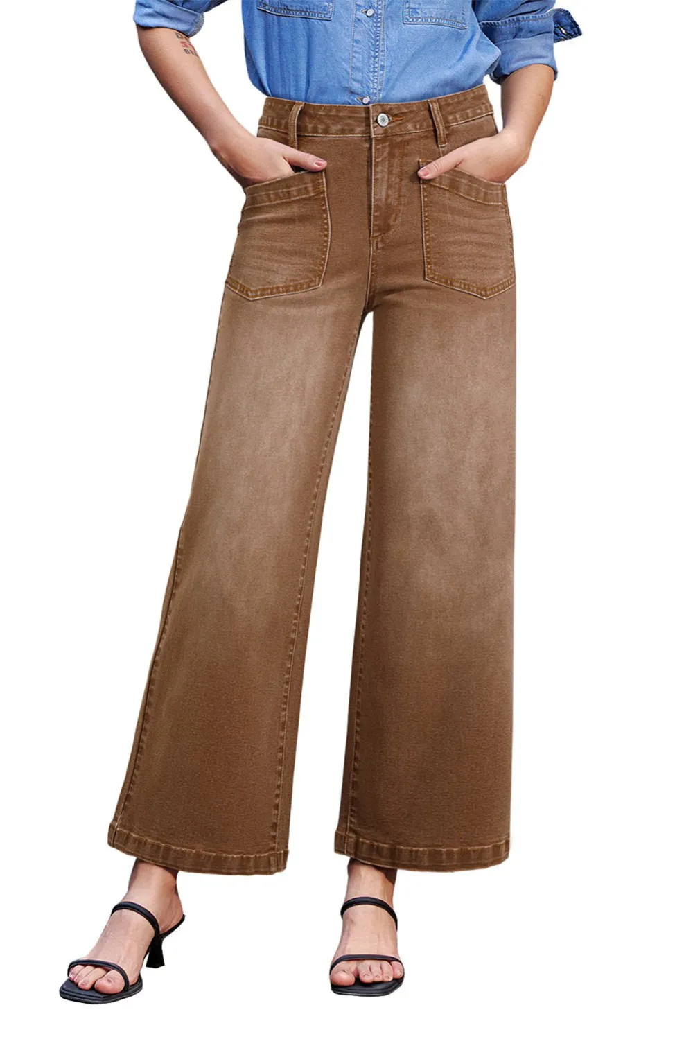 High Waist Patch Pocket Casual Jeans