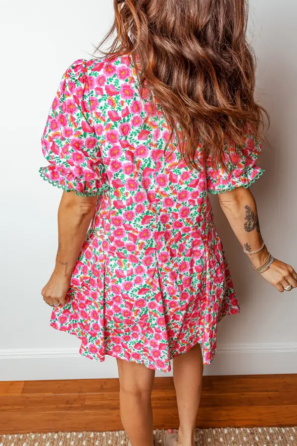 Structured Shape Floral Patchwork V Neck Mini Dress