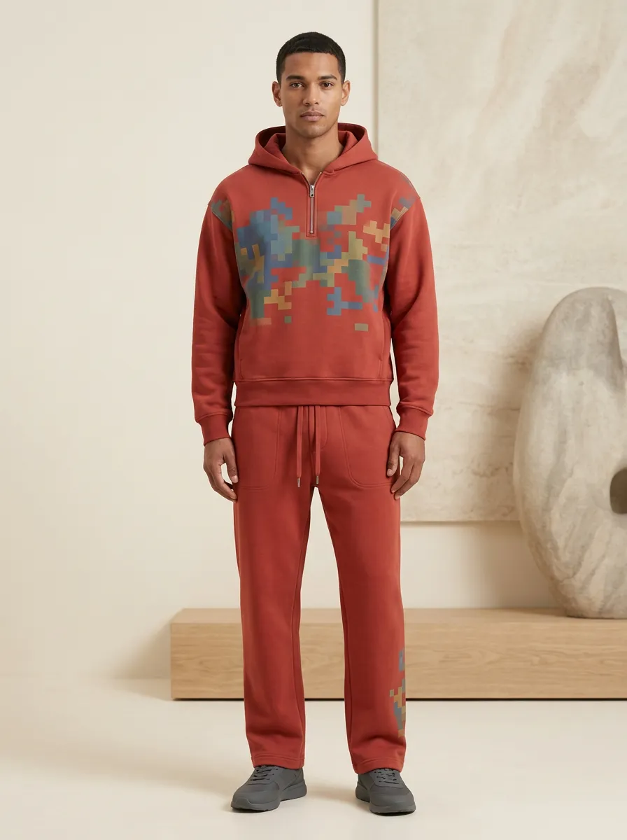 Men's Pixel Art Pattern Printed Quarter-Zip Hoodie Sweatpants Set