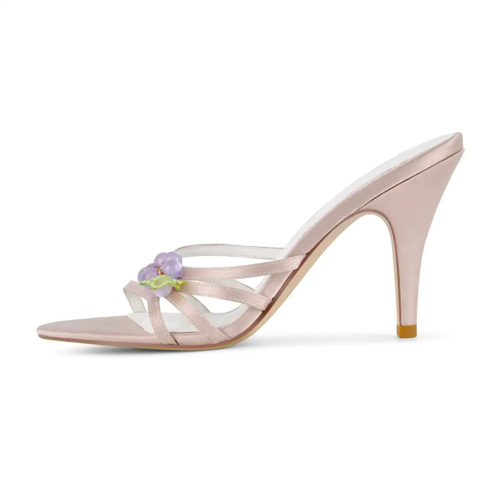 Pointed Toe Satin Grape Bead Embellished Mule Sandals
