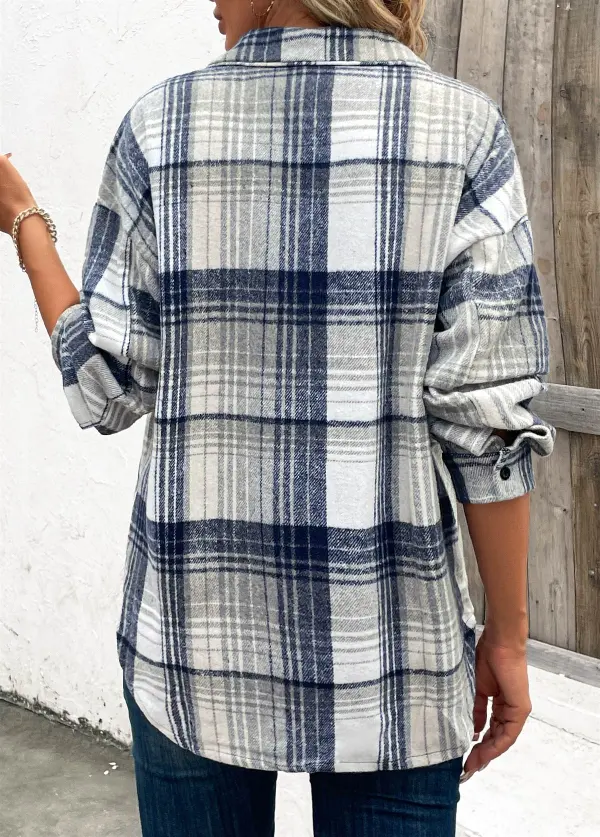 Blue Patchwork Plaid Turn Down Collar Coat