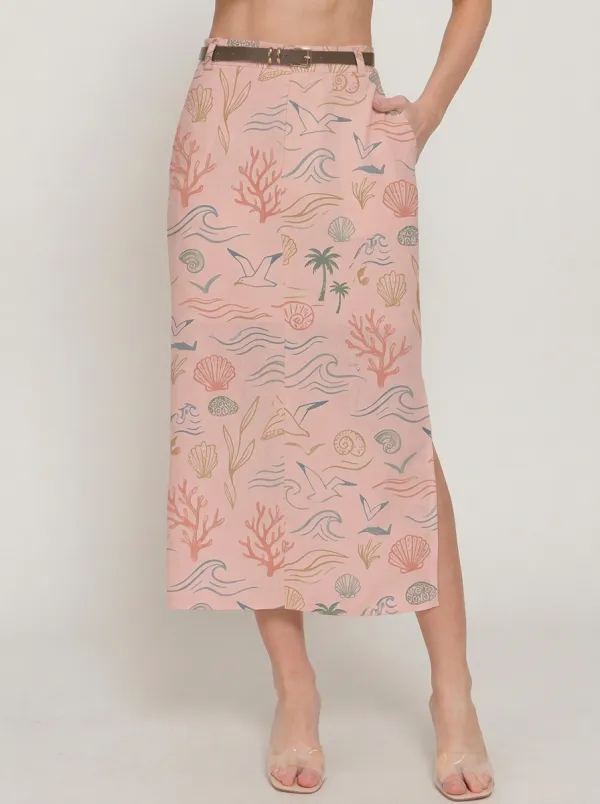 Women's Beach Lover Seashell Coral Printed Midi Skirt