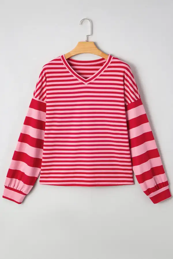 Women's Striped V Neck Drop Shoulder Pullover Top