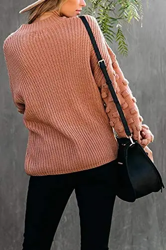 Women's Cute Oversized Crewneck Loose Puff Sleeves Chunky Knit Pullover Sweater