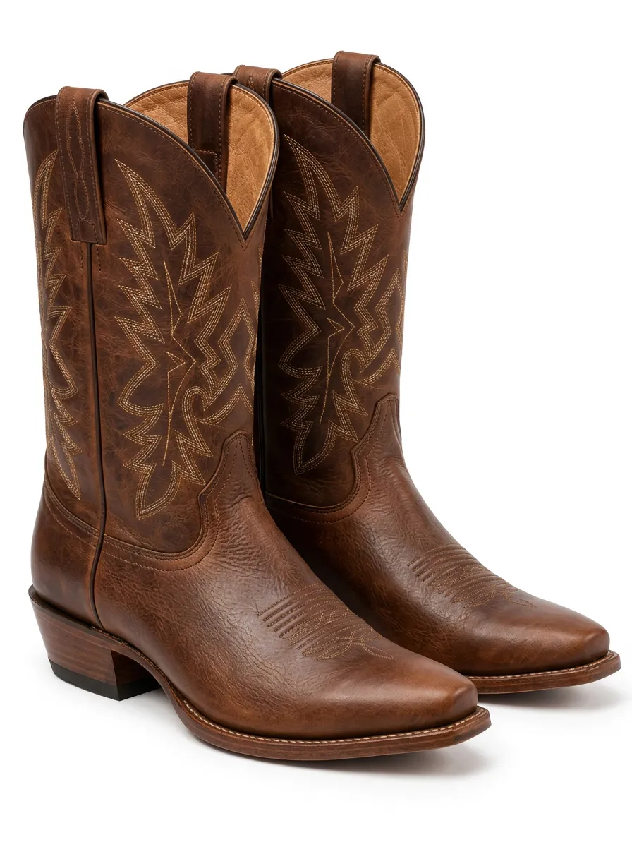 Men's Decorative Embroidery Brown Leather Western Boots