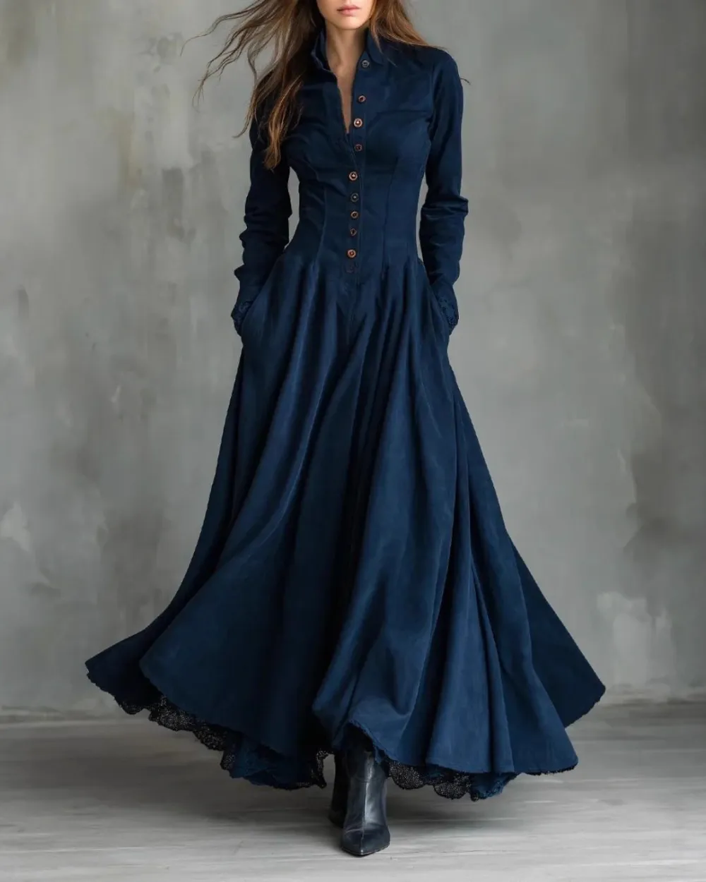 Vintage Faux Suede Lace Trim Shirt Maxi Dress