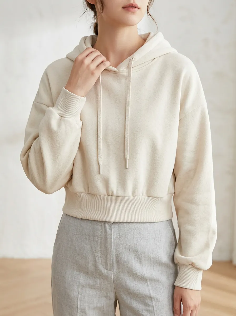 Women's Casual Minimalist Solid Beige Plain Cropped Hoodie