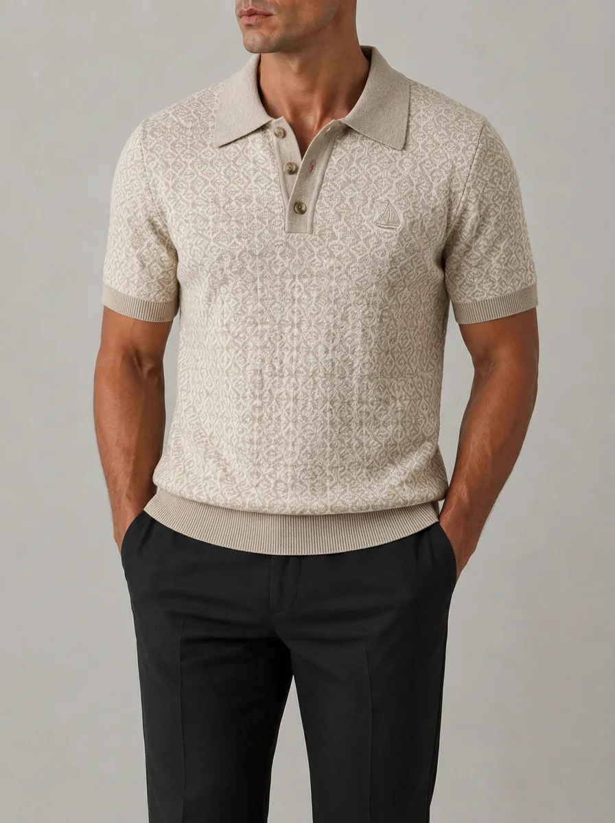 Men's Geometric Pattern Sailboat Embroidered Printed Polo Shirt
