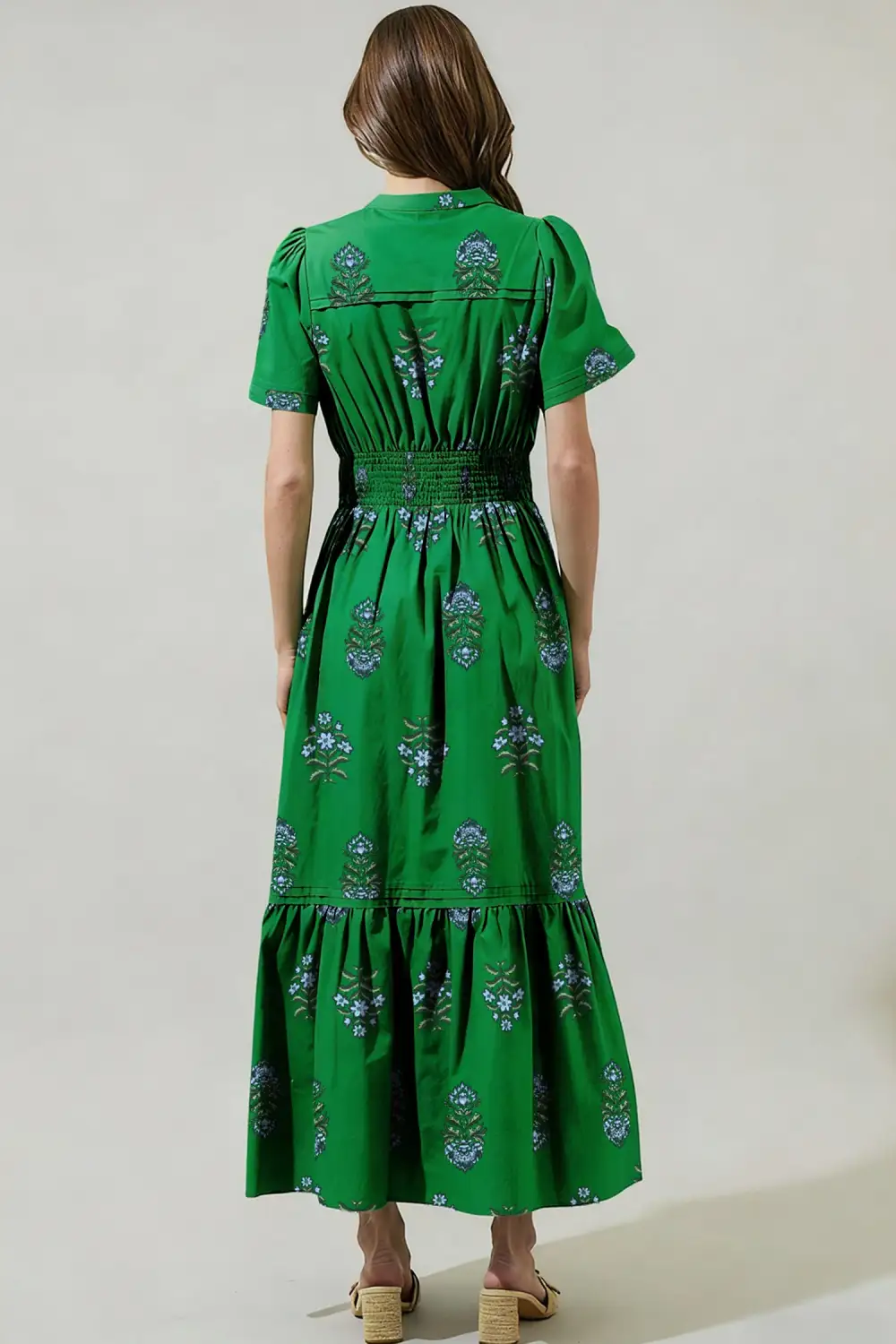 Refined Floral Print Split Neck Shirred High Waist Ruffle Hem Maxi Dress