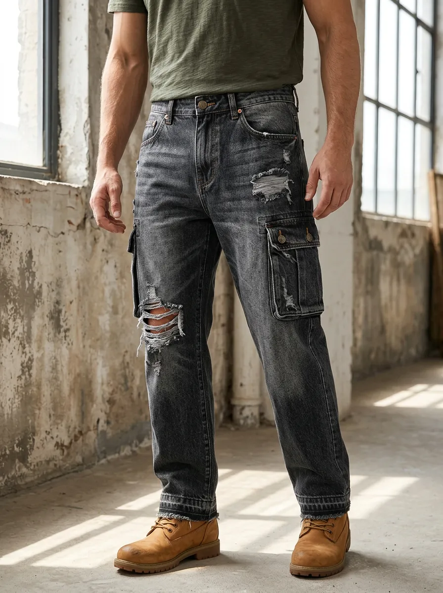 Men's Distressed Cargo Black Denim Jeans