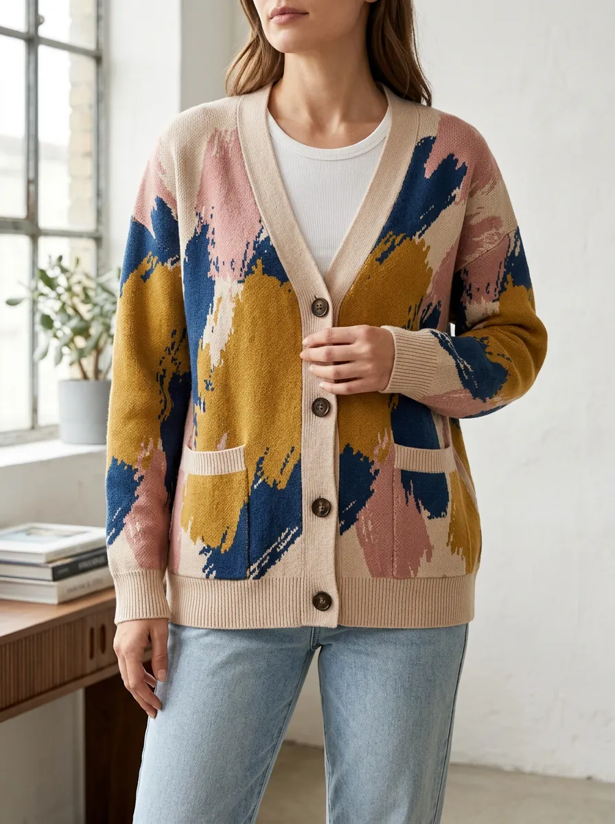 Women's Abstract Art Style Multi-color Brushstroke Printed Cardigan