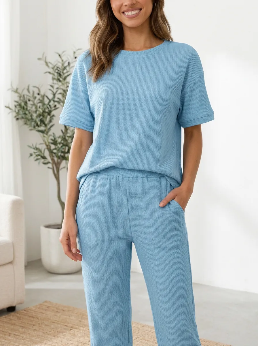 Side Pockets Waffle Knit Loungewear Set