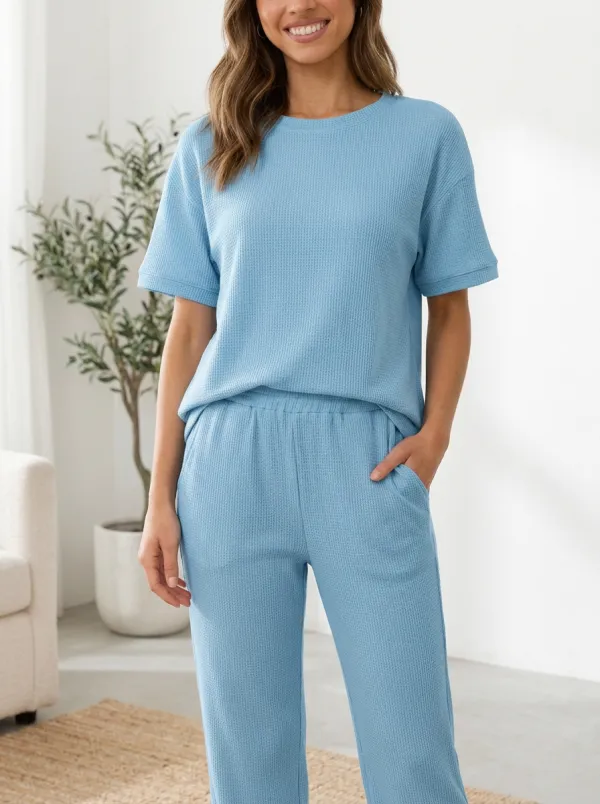 Side Pockets Waffle Knit Loungewear Set