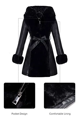 Women's Faux Leather Fleece Lined Coat Winter Hooded Zip-up Parka with Belt