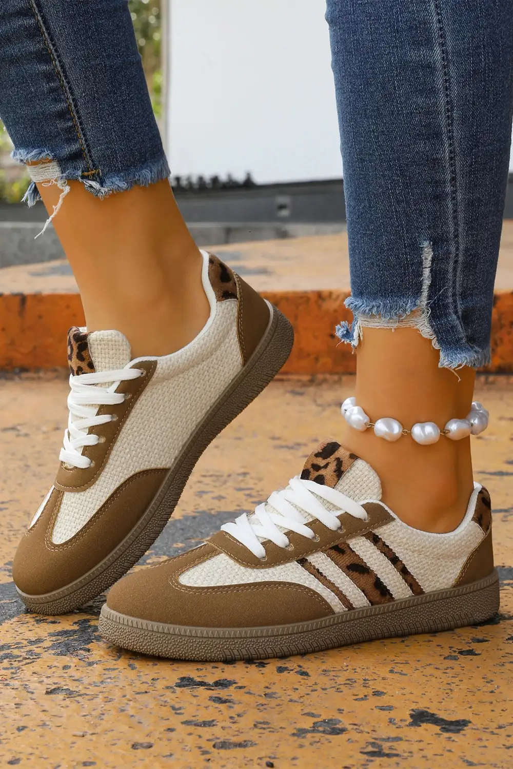 Leopard Patchwork Colorblock Lace-Up Casual Sneakers