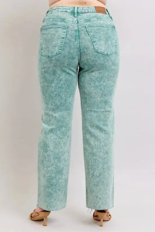 High Waist Garment Dyed Raw Hem Denim Jeans
