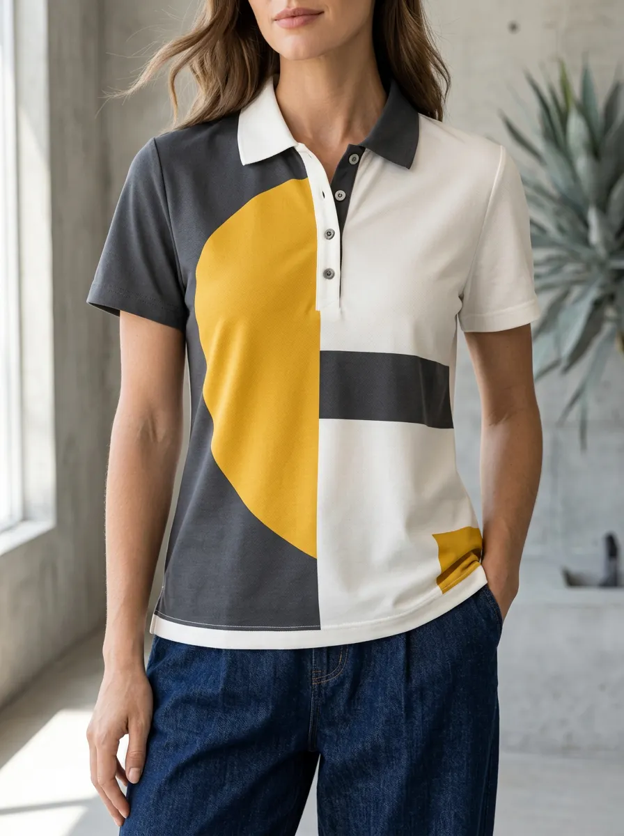 Women's Geometric Abstract Yellow Grey Printed Polo Shirt
