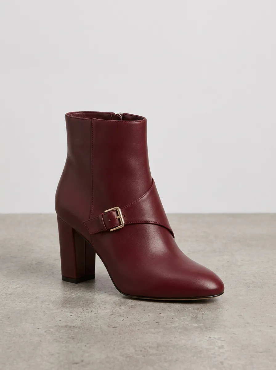 Buckle-Strap Buckle-Detail Block-Heel Leather-Look Women's High-Heel Ankle Boots