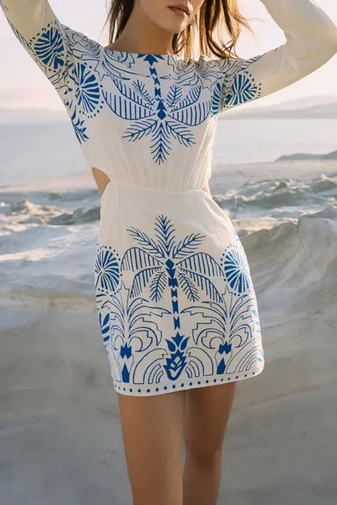 White Blue Embroidered Mini Dress