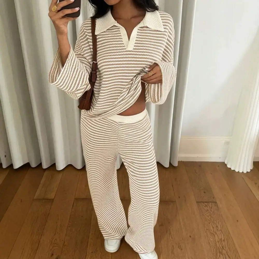 Wide-Leg Elastic-Waist Long-Sleeve Women's Matching Set