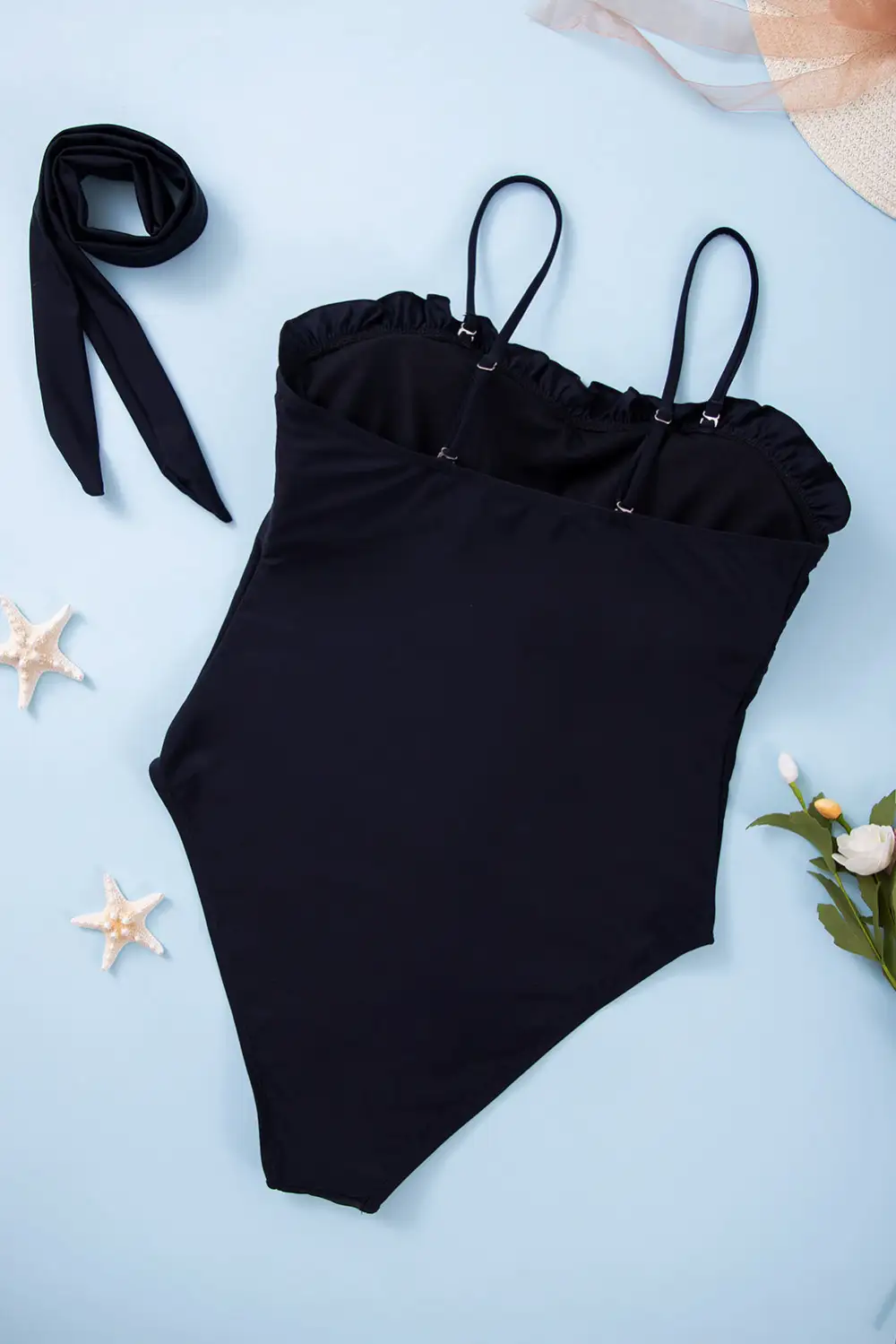 Frill Neck Waist Sash Spaghetti Straps One-piece Swimwear