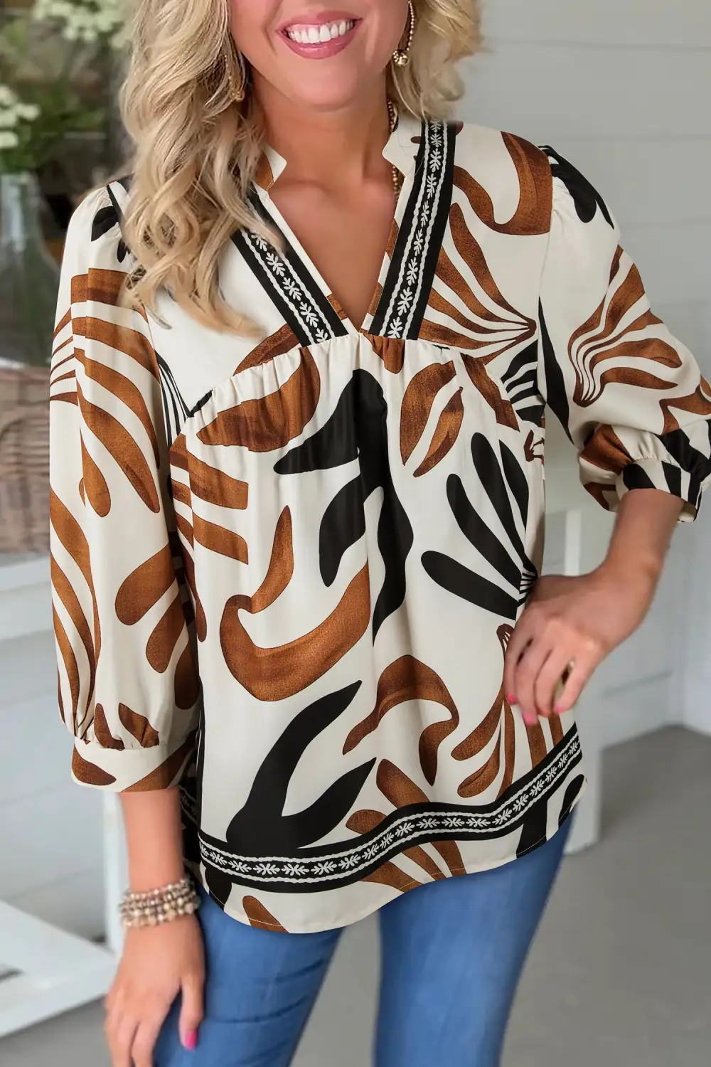 Women's Abstract Print Puff Sleeve Loose Fit Top