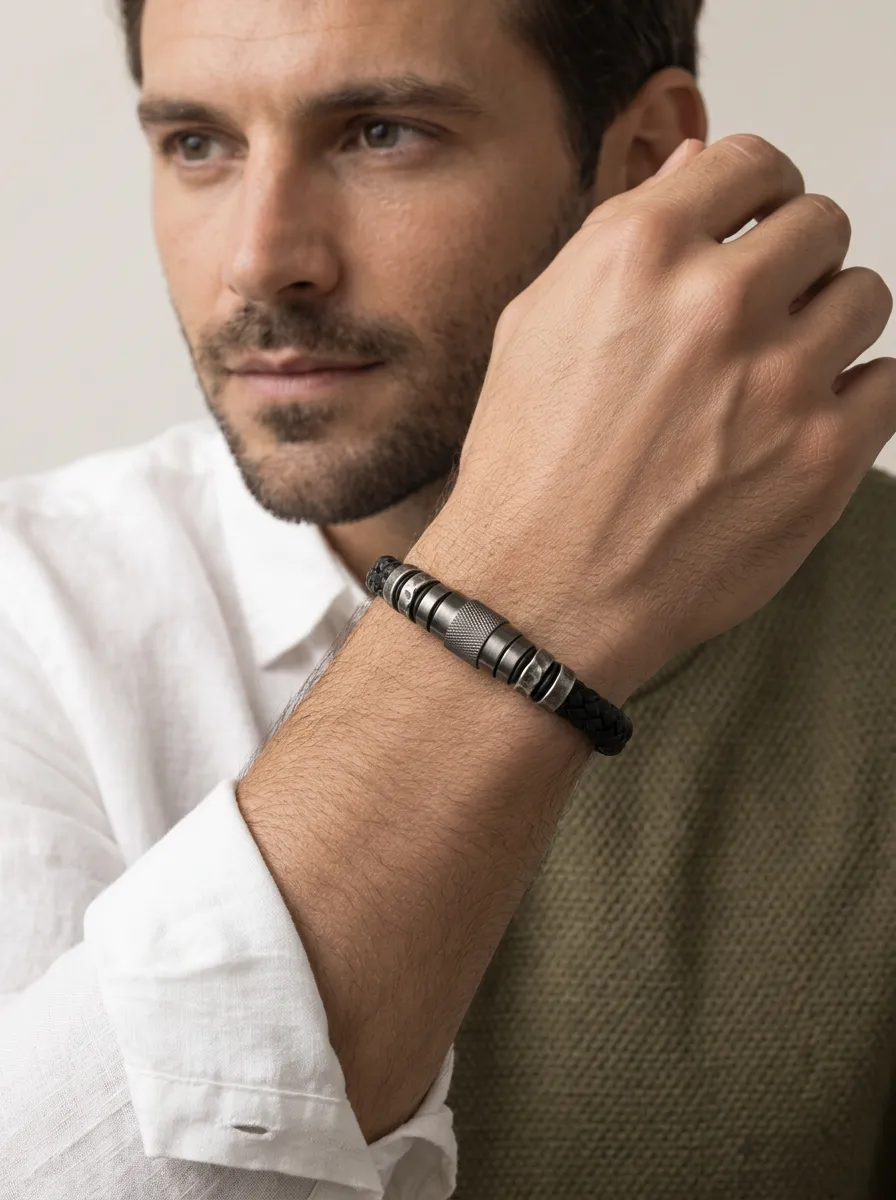 Men's Minimalist Braided Leather Metal Bead Bracelet