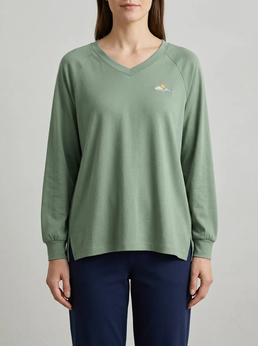 Women's Sun-Cloud Embroidered V-Neck Long-Sleeve Top