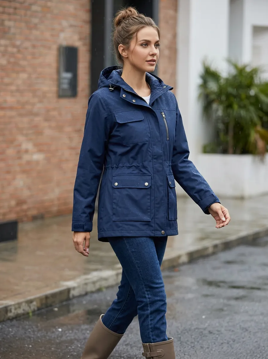 Women's Navy Blue Hooded Waterproof Rain Jacket with Patch Pockets